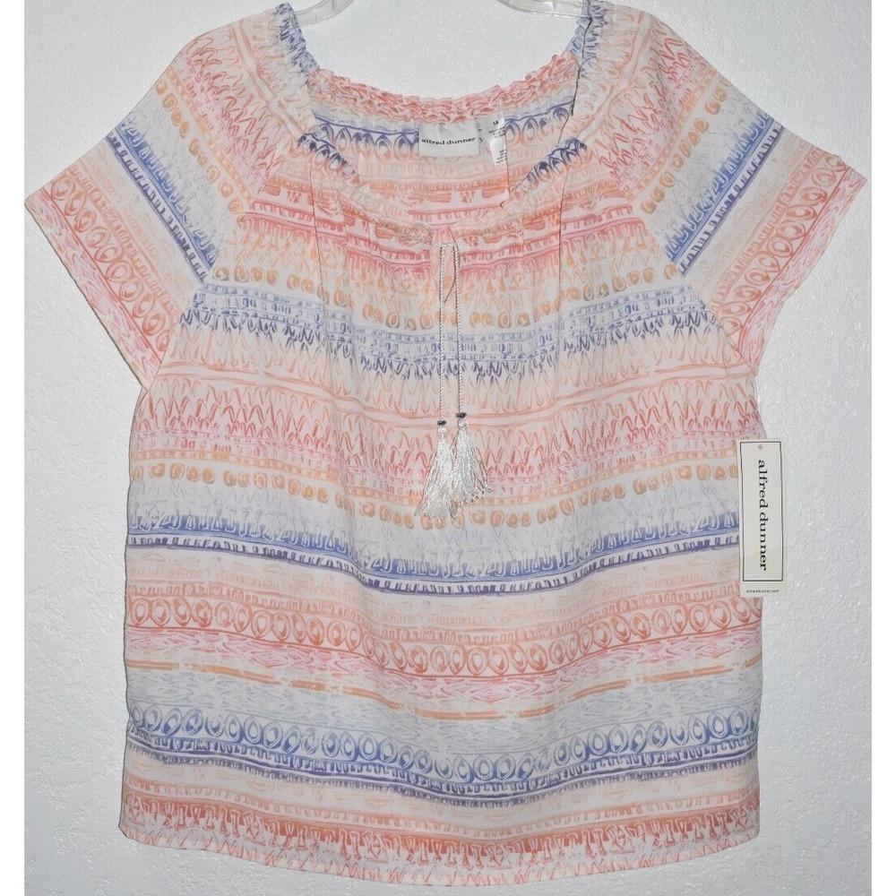 ALFRED DUNNER 18 Top Lightweight Short Slv Tassel Sunrise Point Blouse Shirt